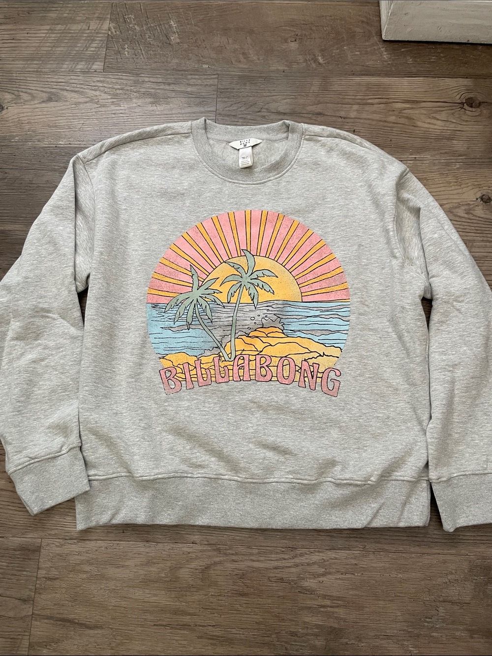 Billabong Light Gray Crewneck Sweatshirt with Pink, Yellow & Blue Sunset Graphic